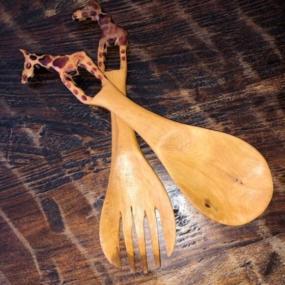 Giraffe Wooden Serving Utensils Hand Carved - Picture 7 of 9